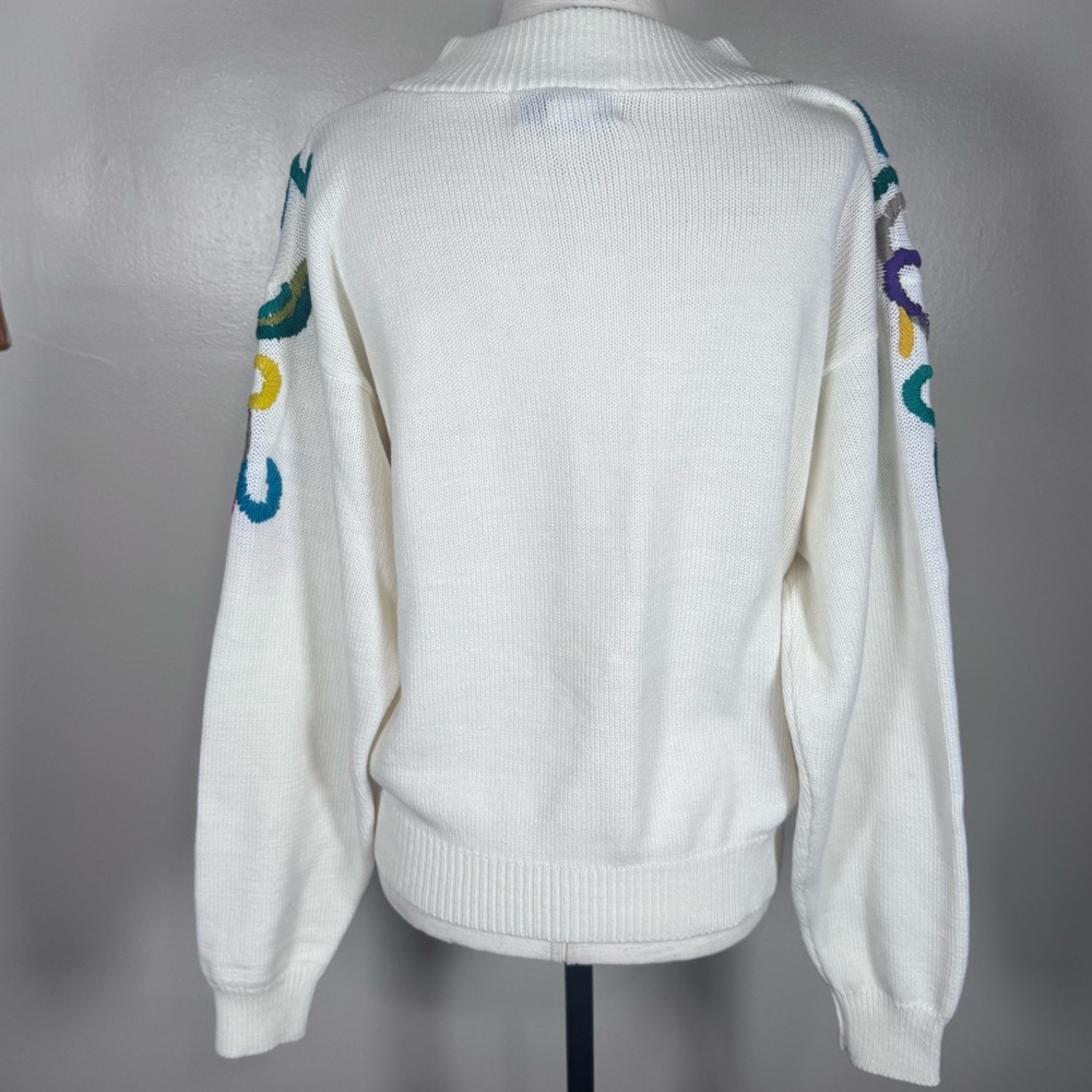 White Crewel Embroidered Bright Floral Long Sleeve Boho Sweater Vintage Sz L - Picture 7 of 11